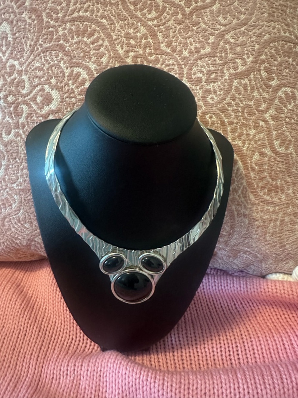 Silver-Tone Black Stone Statement Collar Necklace